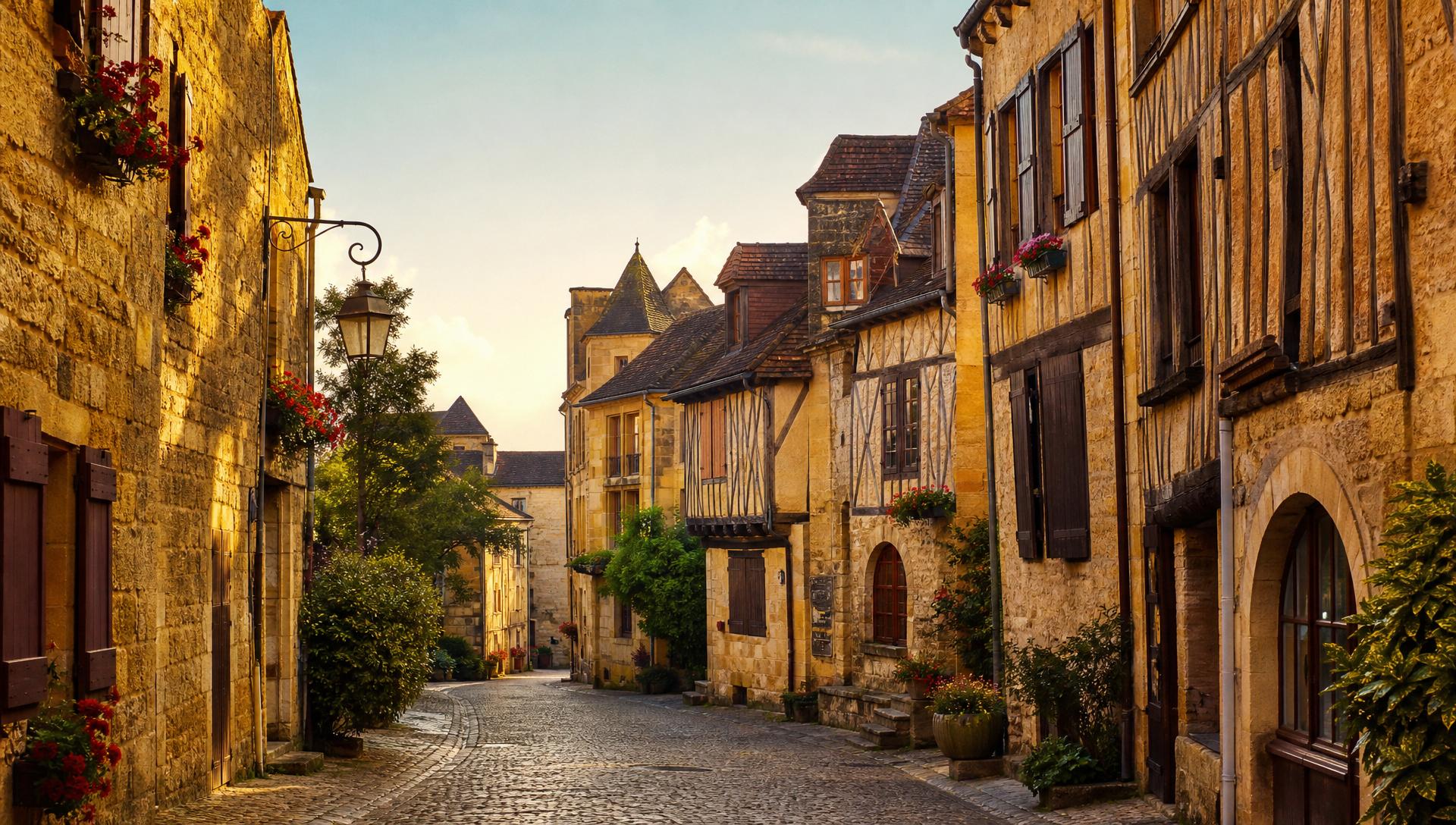 Ruelle médiévale du vieux centre-ville de Bergerac, maisons en pierre dorée et colombages